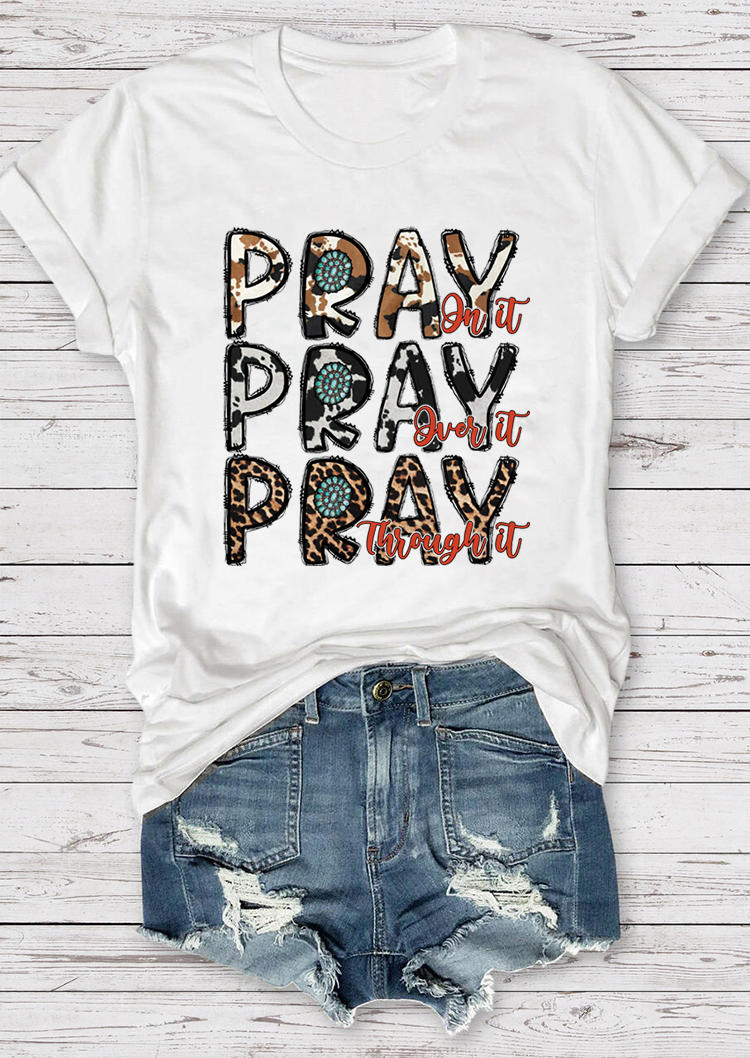 

Pray Turquoise Leopard Cow T-Shirt Tee - White, 525657