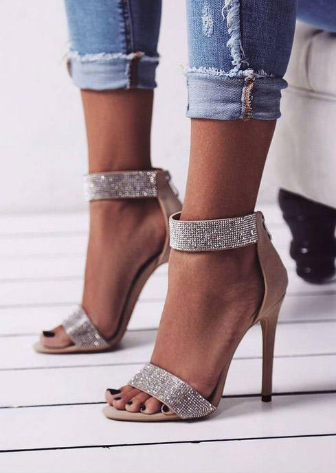 

Rhinestone Heel Sandals - Apricot, 525680