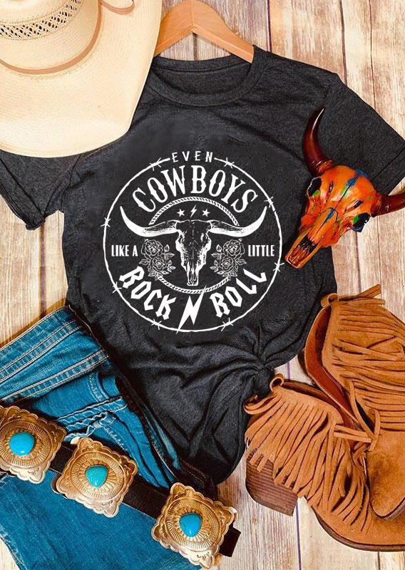 

Even Cowboys Like A Little Rock Roll Steer Skull T-Shirt Tee - Dark Grey, 525728