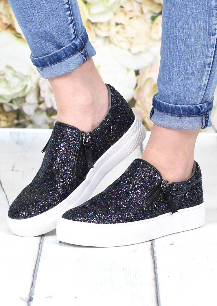 

Glitter Zipper Round Toe Flat Sneakers - Black, 525871