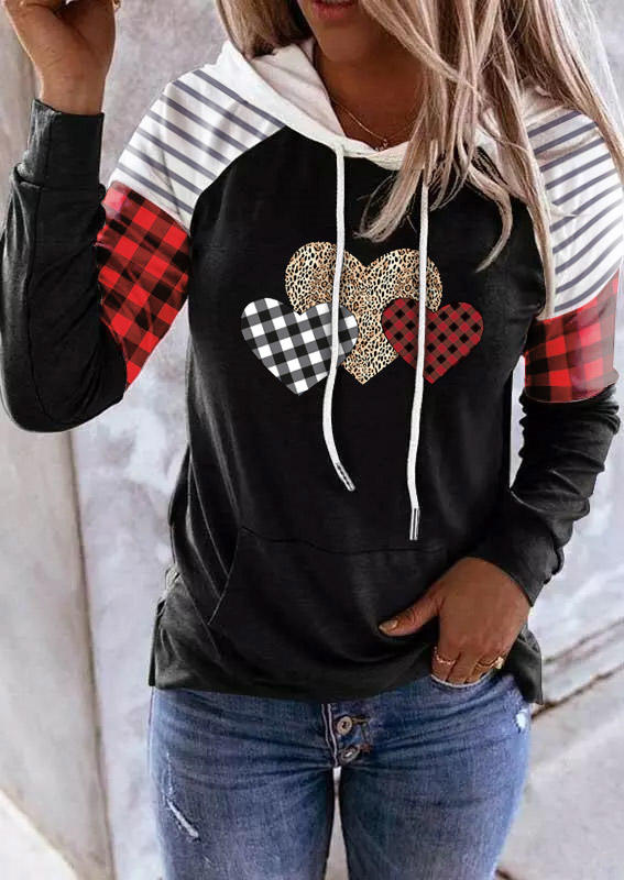 Kaufen Heart Striped Plaid Leopard Hoodie - Black. Bild