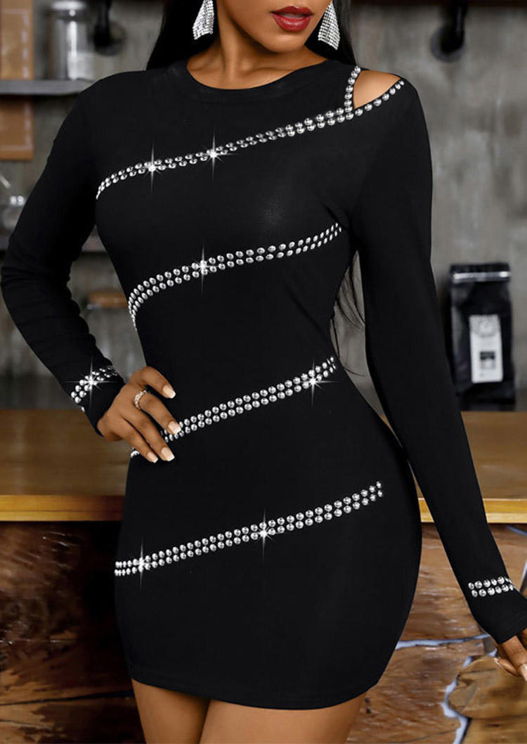 

Rhinestone Cold Shoulder Bodycon Dress - Black, 525910