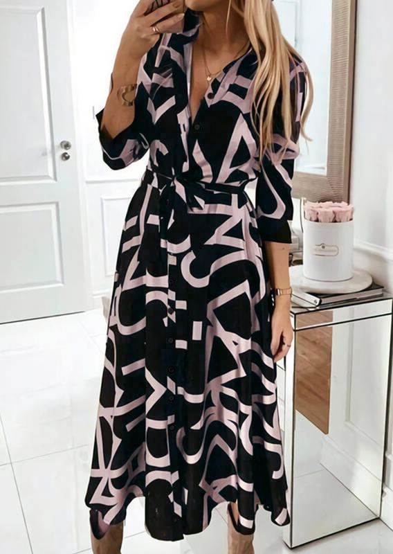 

Button Long Sleeve Maxi Dress - Black, 526007