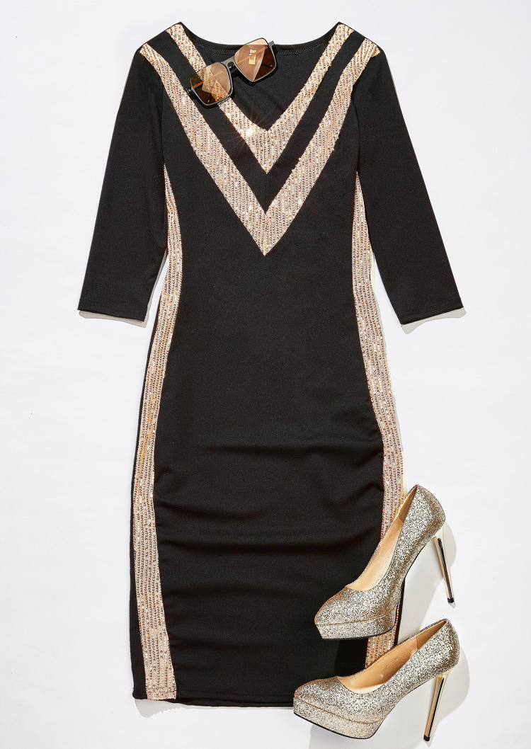 Sequined V-Neck Bodycon Dress - Black