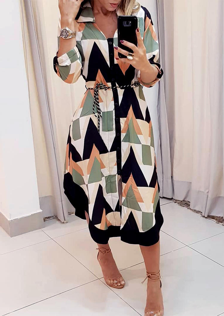 

Geometric Asymmetric Turn-Down Collar Midi Dress, Multicolor, 526071