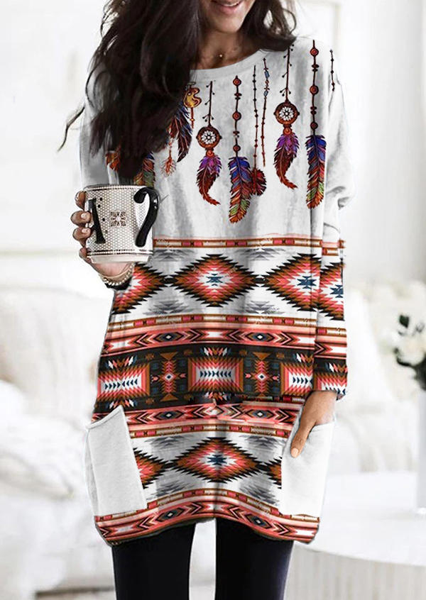 

Aztec Geometric Feather Pocket Mini Dress, Multicolor, 526075