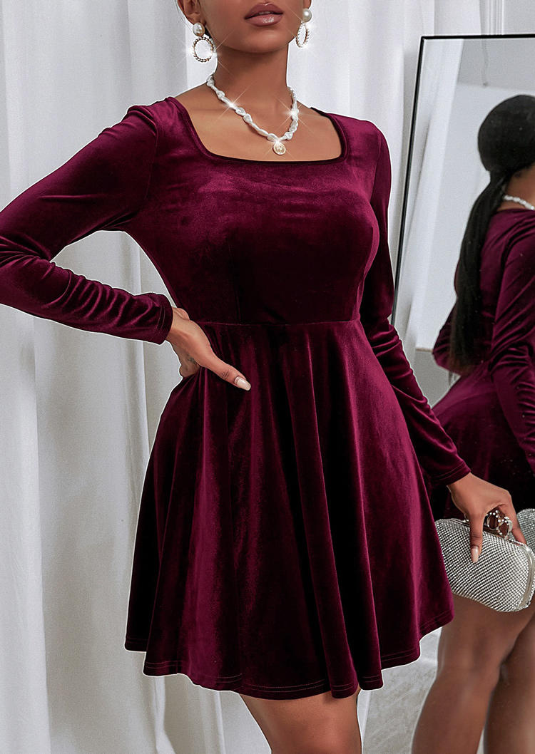 

Square Collar Long Sleeve Mini Dress - Burgundy, 526079