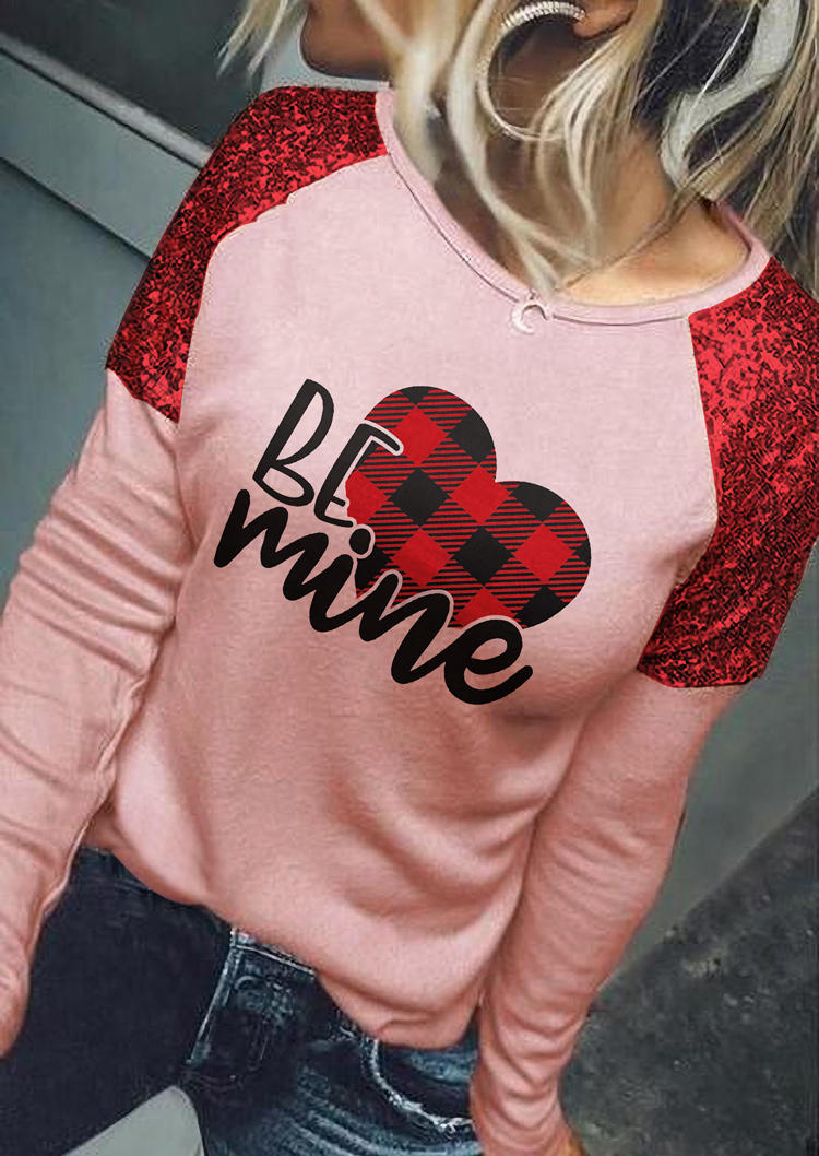 

Plaid Heart Be Mine Sequined T-Shirt Tee - Pink, 526174