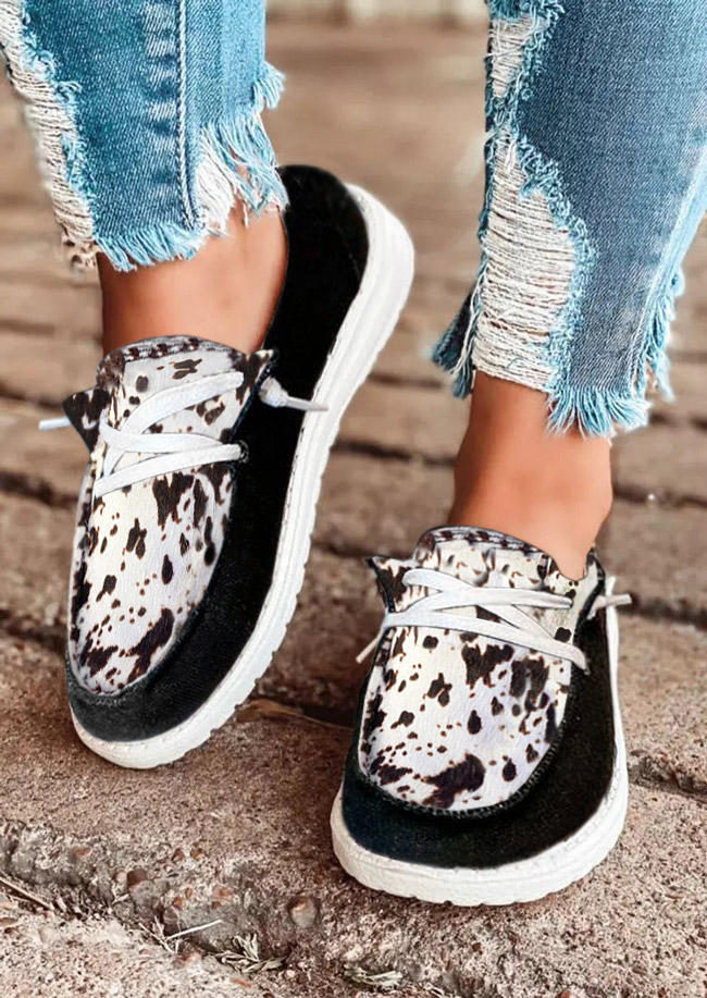 Cow Round Toe Flat Sneakers - Black