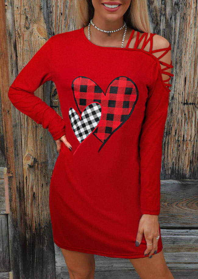 Plaid Heart One Sided Cold Shoulder Mini Dress - Red