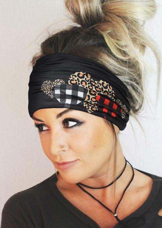 

Leopard Plaid Heart Elastic Wide Headband, Black, 525617