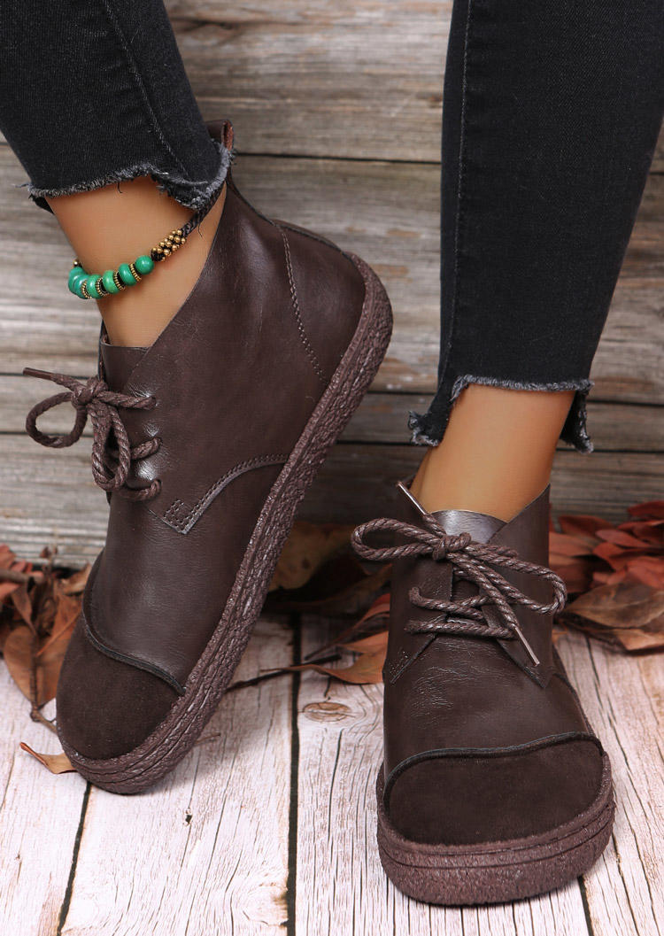 

Lace Up Round Toe Flat Sneakers - Brown, 525683