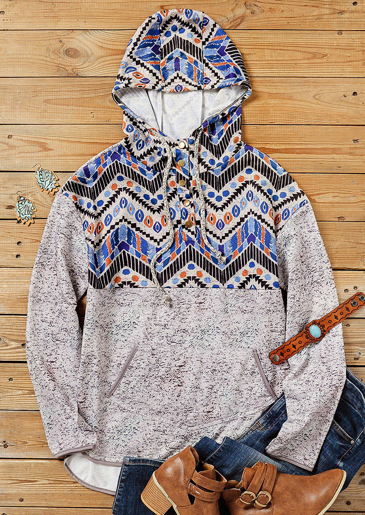 Buy Aztec Geometric Pocket Button Hoodie. Picture