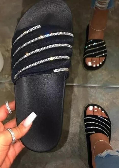 

Rhinestone Flat Slippers - Black, 525958