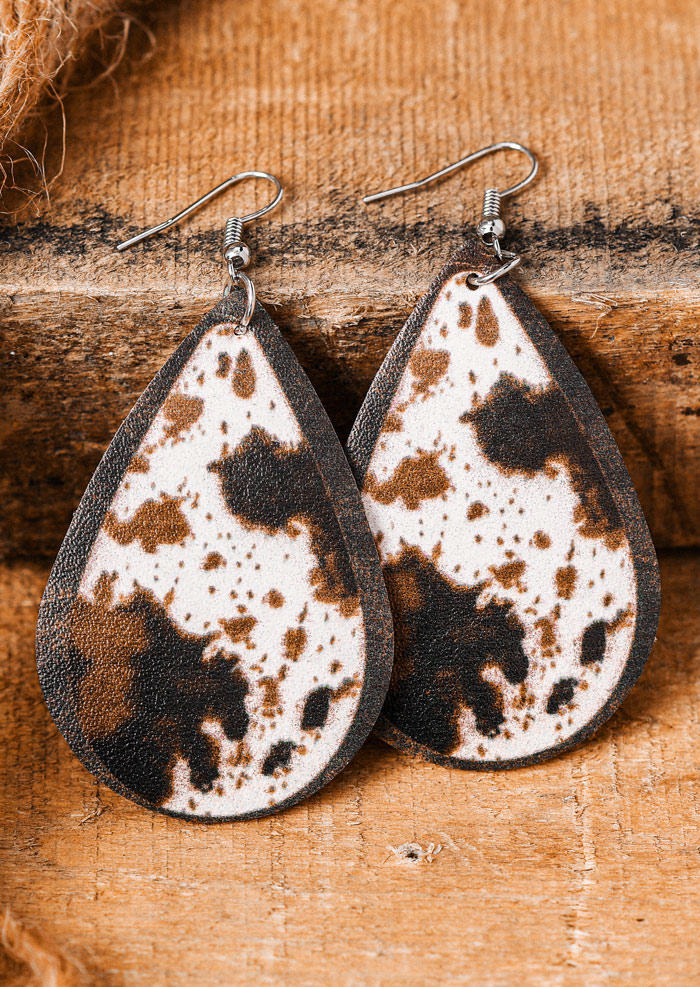 

Cow Leather Water Drop Earrings, Brown, 526129