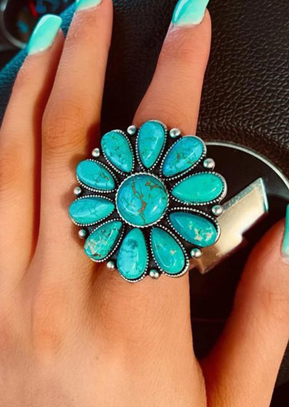 

Turquoise Floral Bohemian Alloy Ring, Cyan, 526157