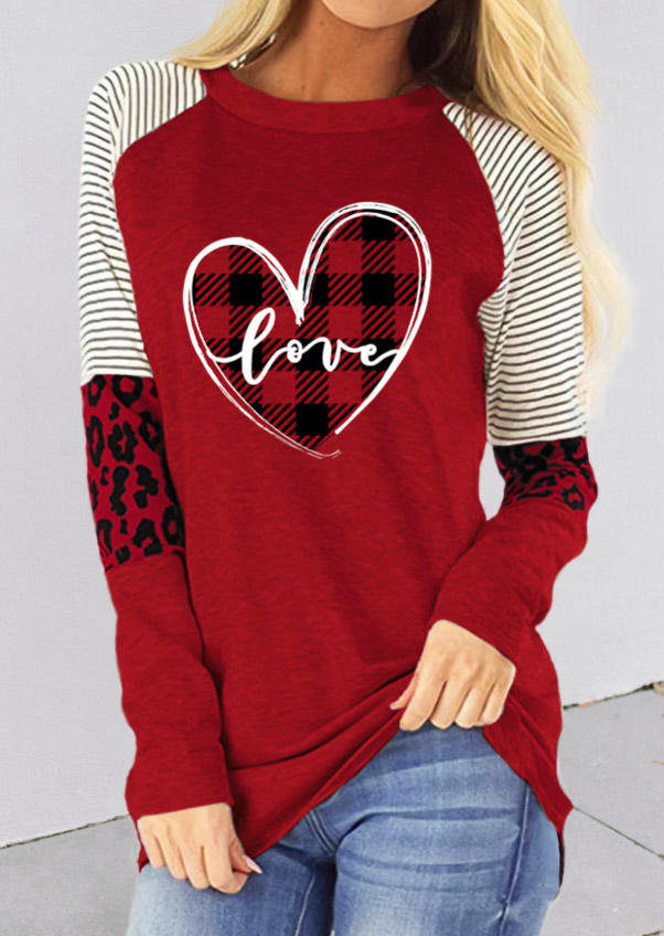 

Valentine Love Heart Striped Plaid Leopard T-Shirt Tee - Red, 526176