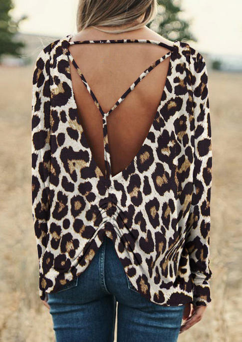 

Leopard Ruffled Open Back Blouse, 526177