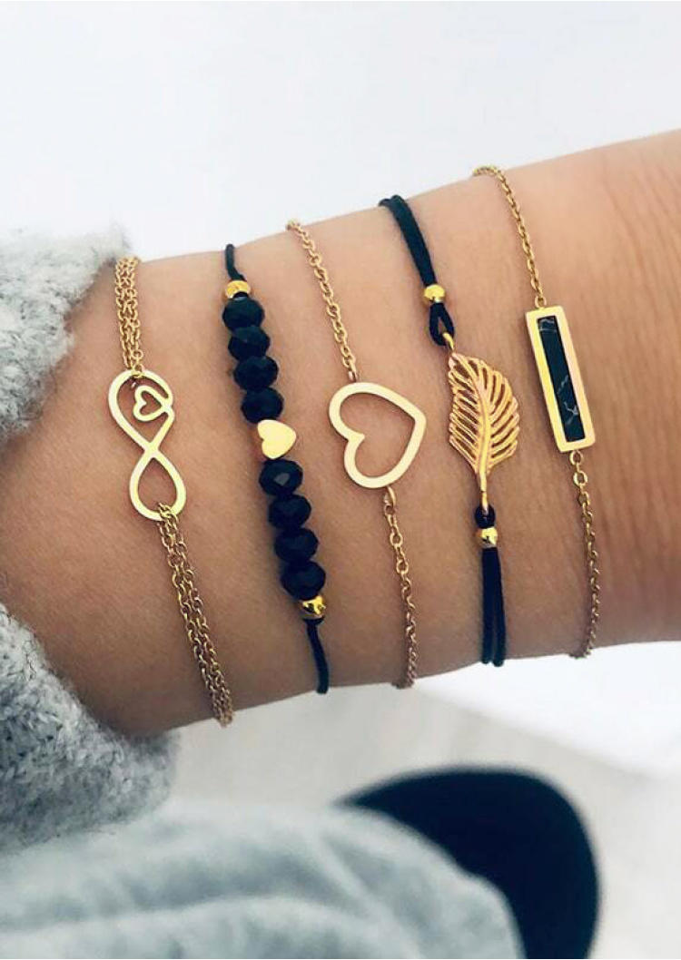 

5Pcs Geometric Leaf Heart Beading Bracelet Set, Black, SCM000027