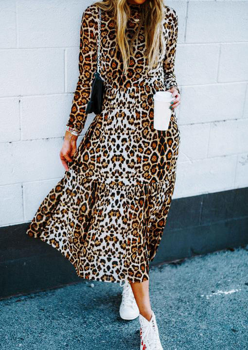 Leopard O-Neck Long Sleeve Maxi Dress
