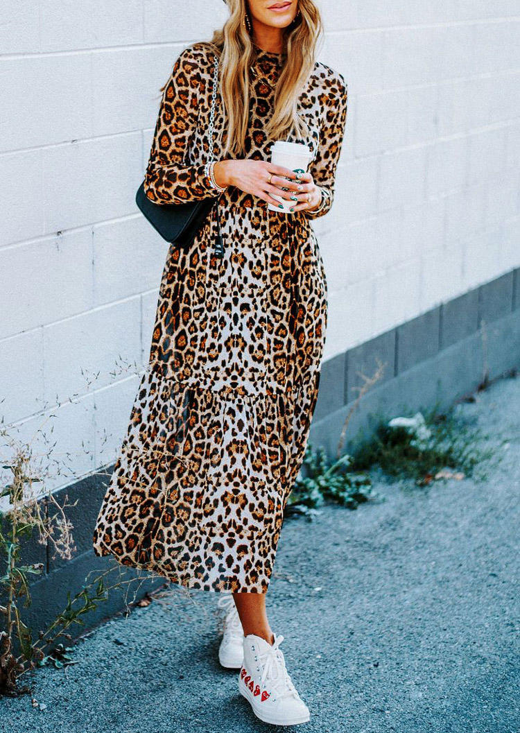 Leopard O-Neck Long Sleeve Maxi Dress