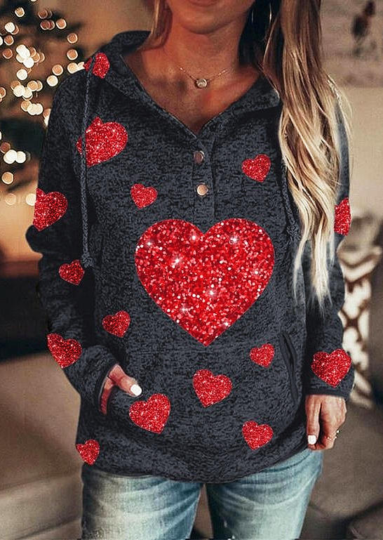 Heart Pocket Long Sleeve Hoodie - Dark Grey