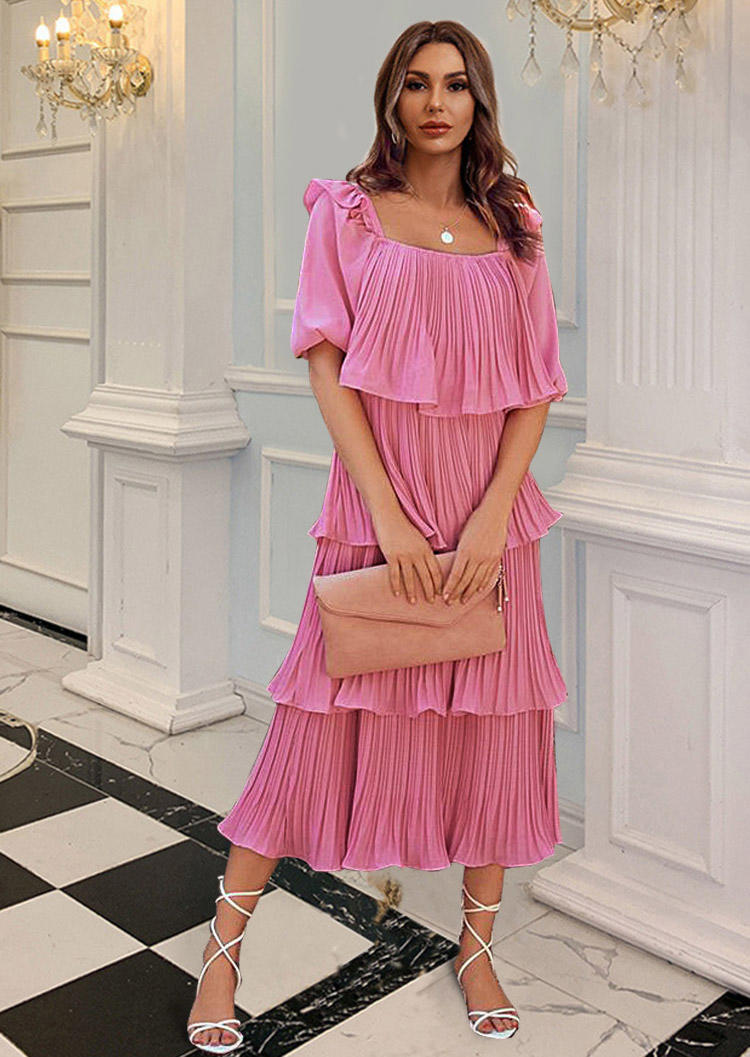 

Ruffled Lantern Sleeve Midi Dress - Pink, 525760