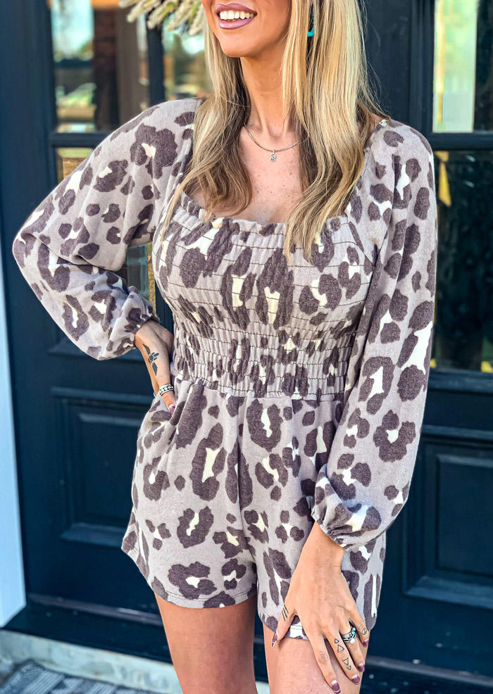 

Leopard Smocked Pocket Long Sleeve Romper, Multicolor, 526175