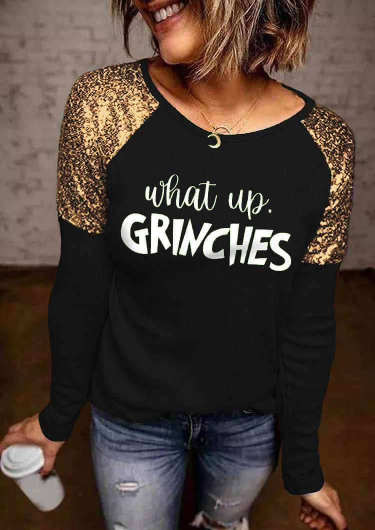 

Christmas What Up Sequined Splicing Blouse - Black, 526221