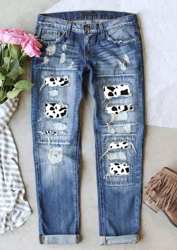 

Cow Ripped Hole Patch Distressed Denim Jeans - Blue, 526406