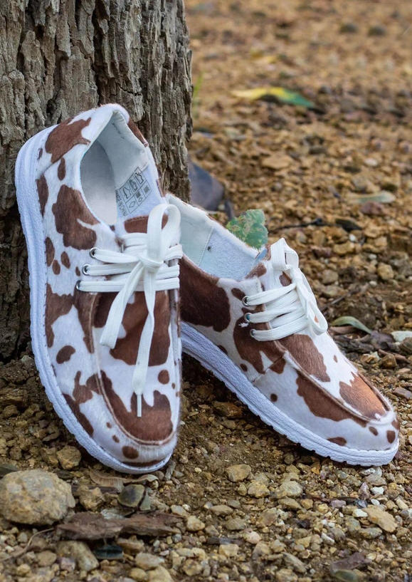 

Cow Lace Up Round Toe Flat Sneakers - Brown, 526506