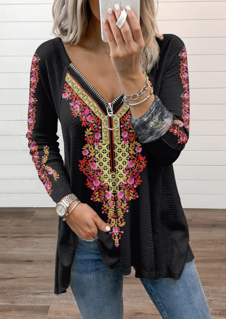 

Zipper Floral Long Sleeve Blouse - Black, 526330