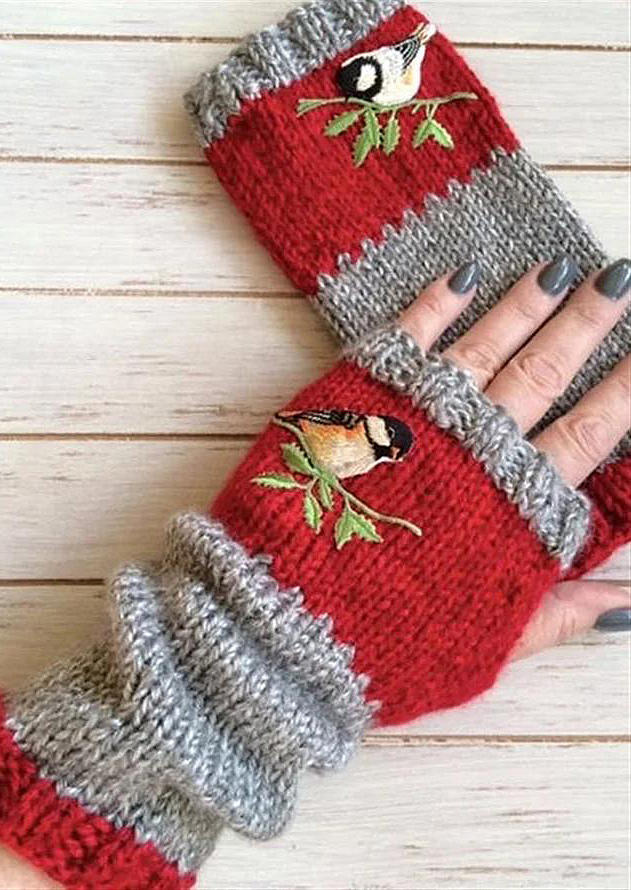 

Ethnic Style Bird Knitted Fingerless Gloves, Black;red, 521377