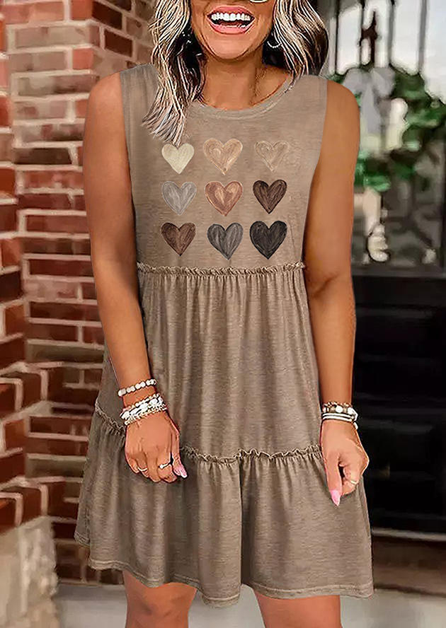 

Heart Ruffled Sleeveless Mini Dress - Khaki, 525740