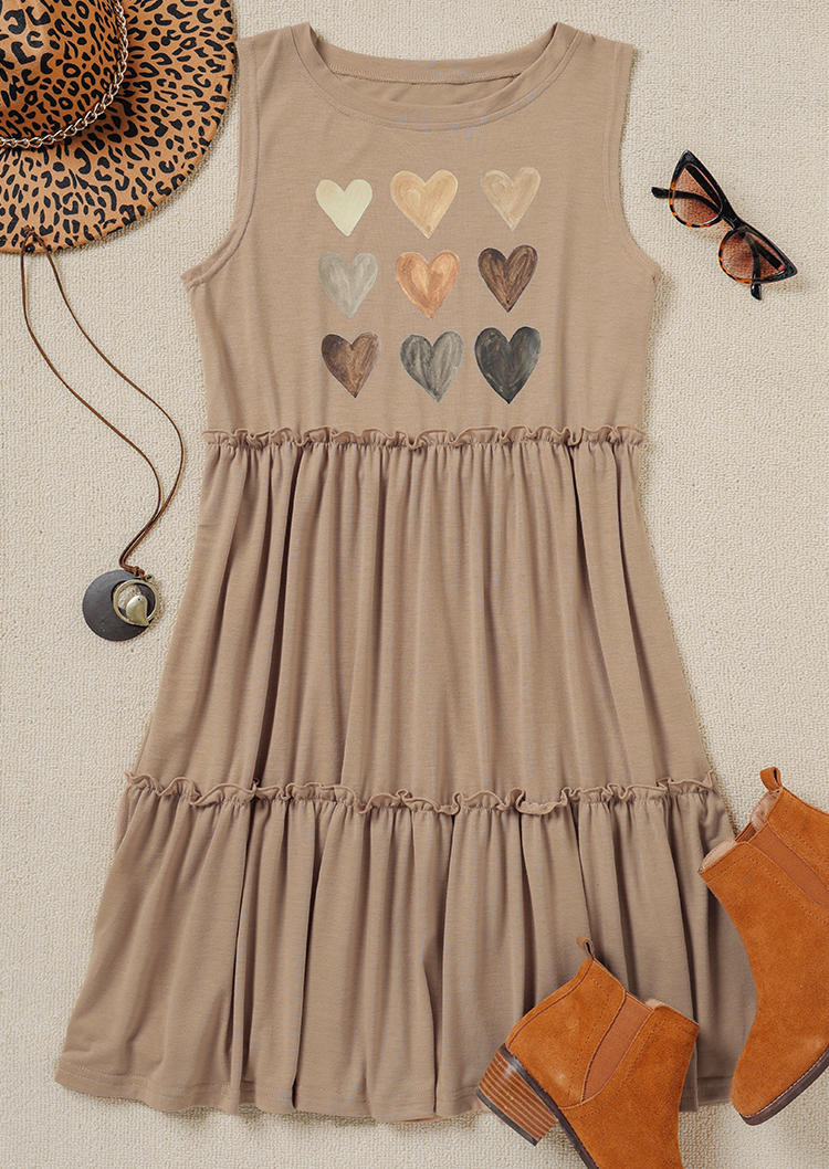 Heart Ruffled Sleeveless Mini Dress - Khaki