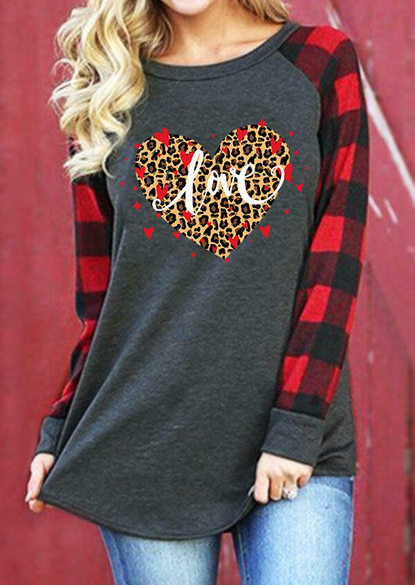 

Valentine Love Heart Leopard Plaid Blouse - Dark Grey, 525911