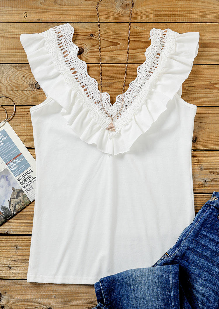 Lace Splicing Ruffled Hollow Out Tank - White