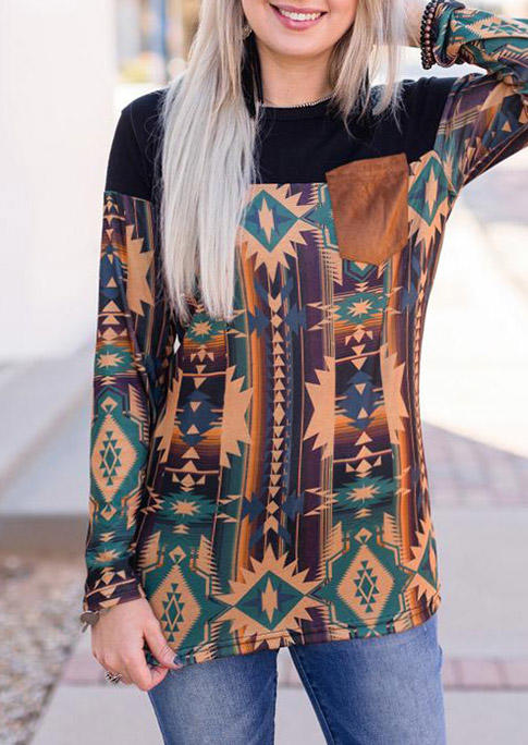 

Aztec Geometric Pocket Long Sleeve Blouse, Multicolor, 526078