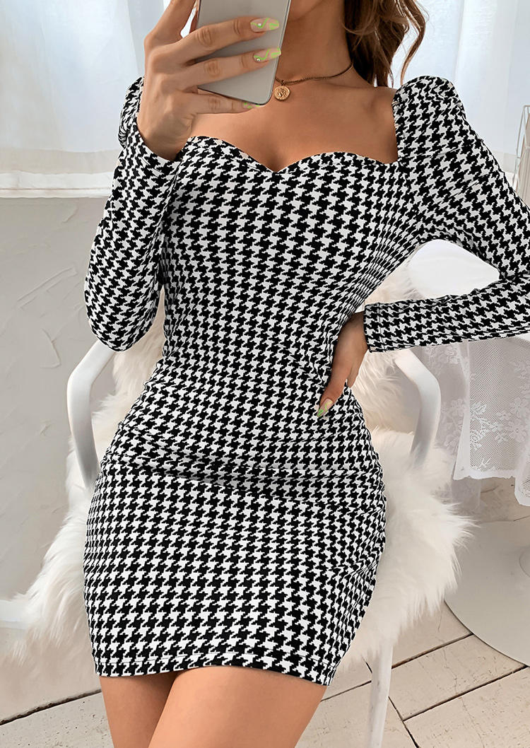 

Houndstooth Puff Sleeve Bodycon Dress - Black, 526105