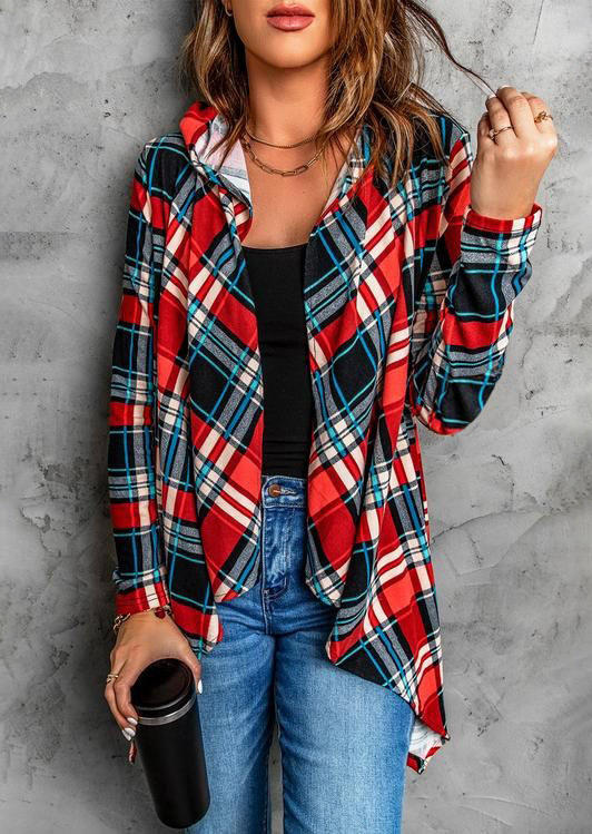 

Plaid Long Sleeve Hooded Cardigan, 526109