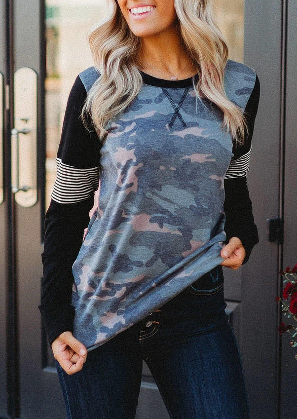 

Camouflage Striped Long Sleeve Blouse, Multicolor, 526256
