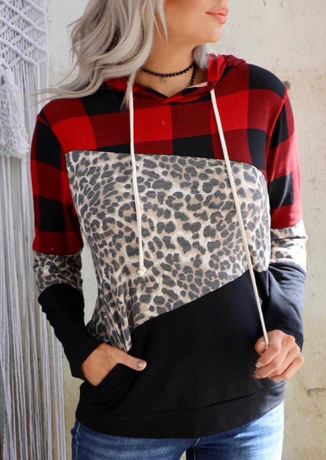 

Plaid Leopard Pocket Long Sleeve Hoodie, Multicolor, 526393