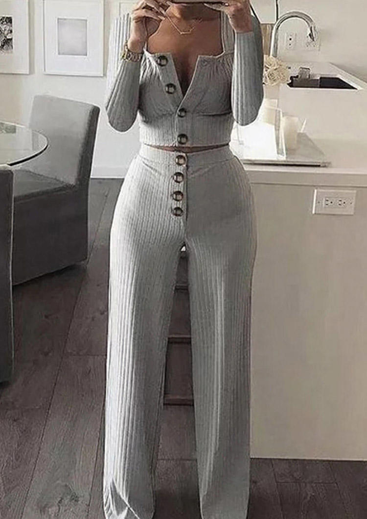 

Button Crop Top And Pants Two-Piece Set - Gray, 526444