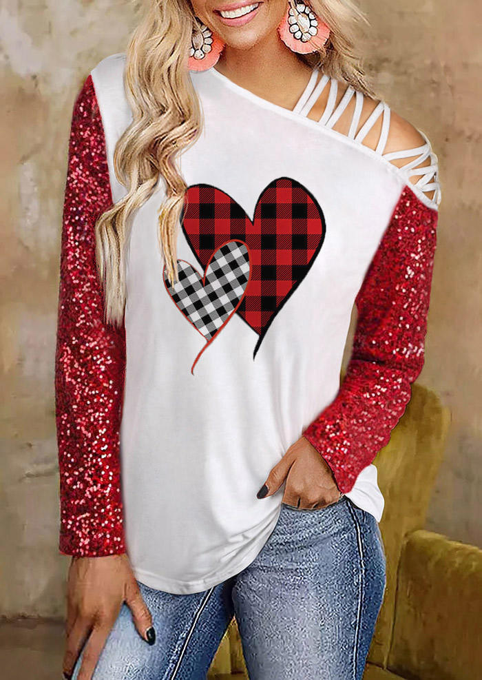 Sequined Splicing Plaid Love Criss-Cross Blouse - White