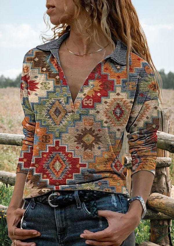 

Aztec Geometric Turn-Down Collar Blouse, Multicolor, 526197