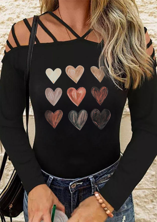 

Heart Cold Shoulder Long Sleeve Blouse - Black, 526232