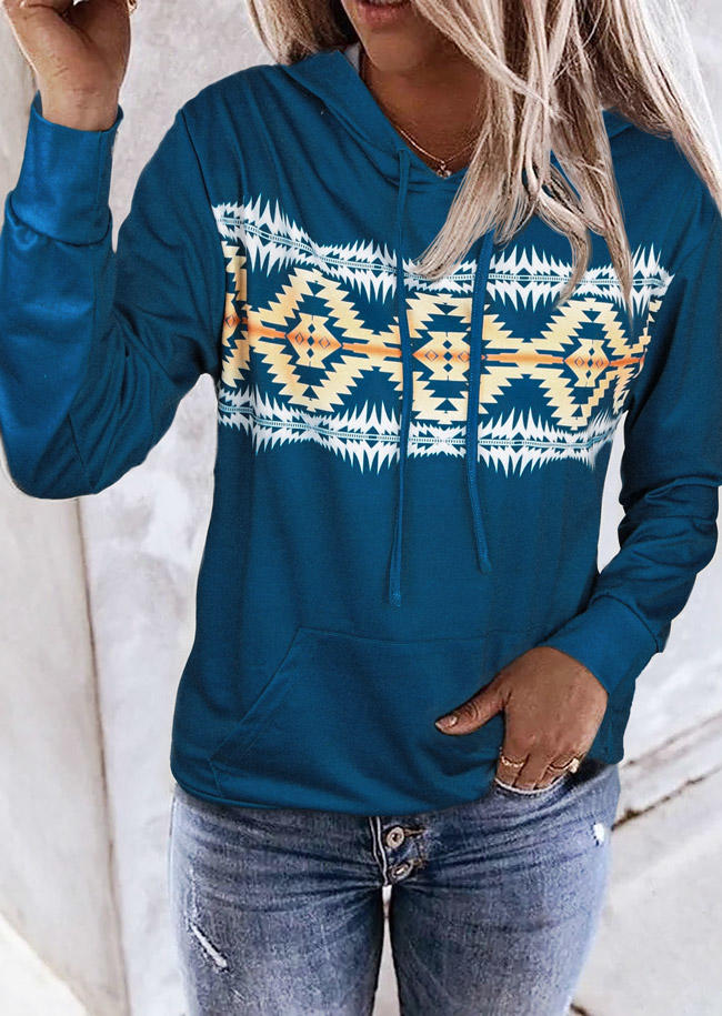 

Aztec Geometric Kangaroo Pocket Hoodie - Deep Blue, 526346