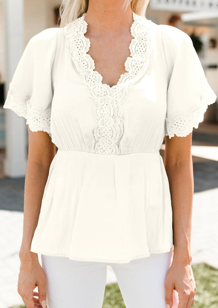 

Lace Splicing V-Neck Blouse - White, 526376