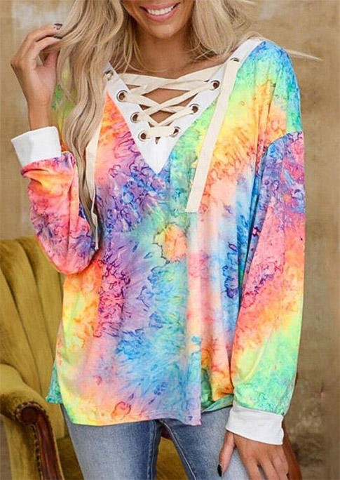 

Tie Dye Lace Up Long Sleeve Blouse, Multicolor, 526459