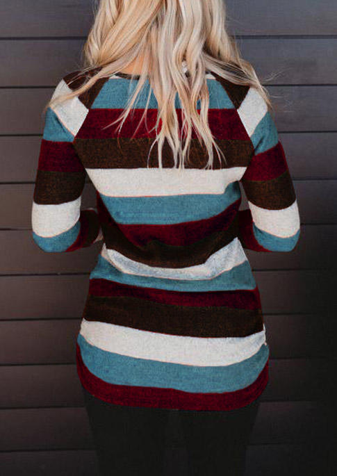 Colorful Striped Lace Splicing Long Sleeve Blouse